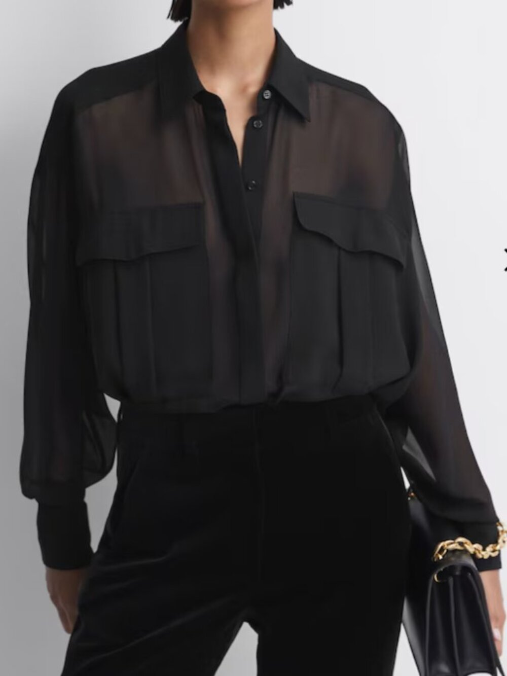 Reiss Oversized Sheer Button-Through Shirt in Black